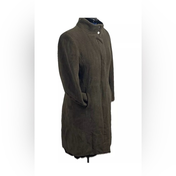 Calvin Klein Angora Wool Blend Trench Coat Olive Green Sz L Mob Wife Mock Neck - Picture 2 of 14